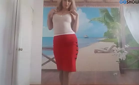 Red Skirted Milf with Tan Stockings