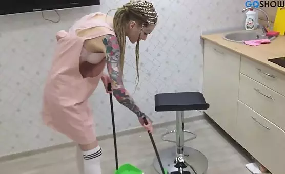 Kitchen Counter Dildo Ride Braids, Tattoos, Stockings, and Spreading